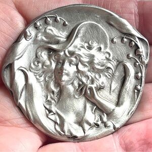 Antique 19th-century Style Sterling Silver Large Portrait Brooch Art Nouveau